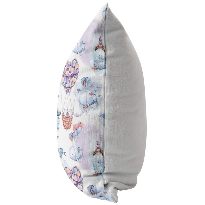 Nautical Pillow Cover | Pink and Blue Whales and Bears in Heart Air Balloon for Nursery or Kids