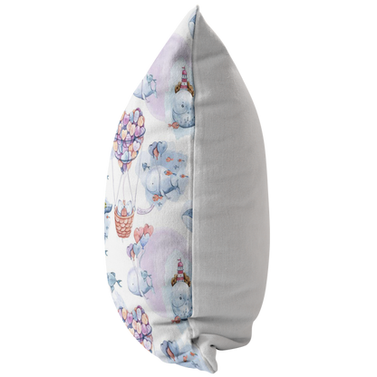 Nautical Pillow Cover | Pink and Blue Whales and Bears in Heart Air Balloon for Nursery or Kids