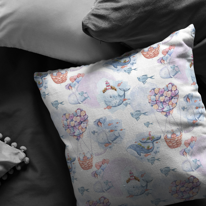 Nautical Pillow Cover | Pink and Blue Whales and Bears in Heart Air Balloon for Nursery or Kids