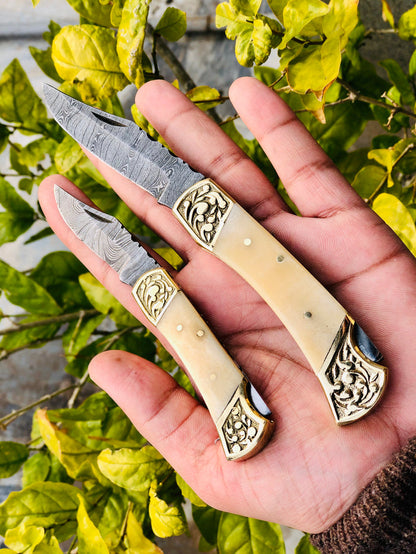 Pair of Custom Handmade Damascus Steel Folding Pocket Knives with Bone and Engraved Brass Bolsters Handle