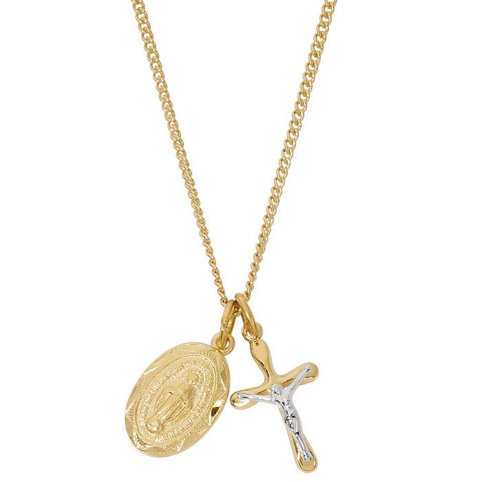Petite Gold Over SS Two-Tone Crucifix & Gold Miraculous Medal Pendant Necklace 16-18" Chain