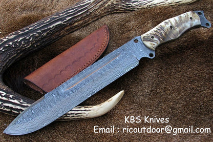 Pig Sticker Big Bowie Knife with Full Tang Damascus Steel Blade for Sale