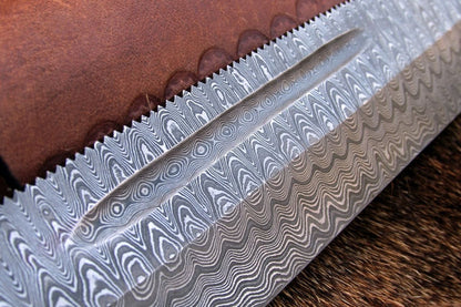 17-Inch Damascus Steel Pig Sticker Bowie Knife with Blood Groove and Leather Sheath