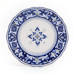 Antico Deruta salad plate, 8 inch, hand-painted majolica with cobalt blue on soft gray Renaissance pattern, top view