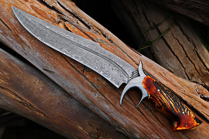 RED DRAGON SLAYER Bowie Knife with Leather Sheath for Sale – Custom Damascus Steel Blade & Antler Horn Handle | KBS Knives
