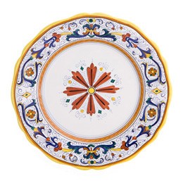 Ricco Deruta pasta and soup bowl, 10 inch, hand-painted majolica with cobalt blue, gold, and green Renaissance pattern on wide rim
