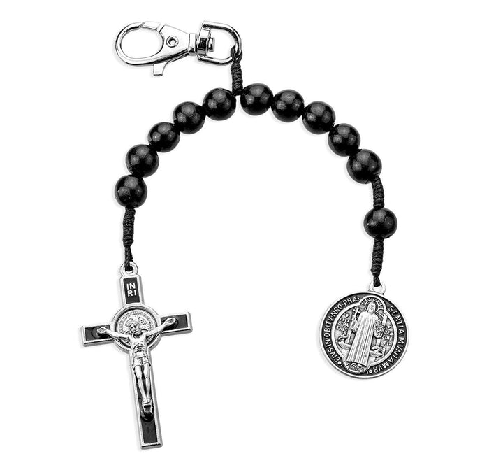 St Benedict Black One Decade Wood Rosary Backpack Clip