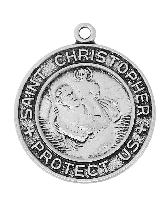 Sterling Silver Round St Christopher Necklace 18 Inch Chain